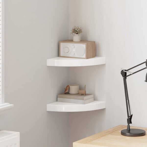 vidaXL Kampinės lentynos, 2 vnt., blizgios baltos, 25x25x3,8 cm, MDF