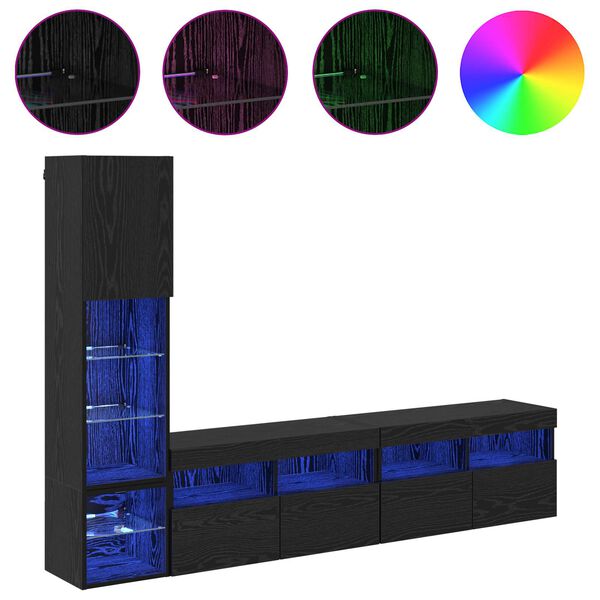 vidaXL Televizoriaus sieninis modulis su LED 4 pcs Juodas ąžuolas