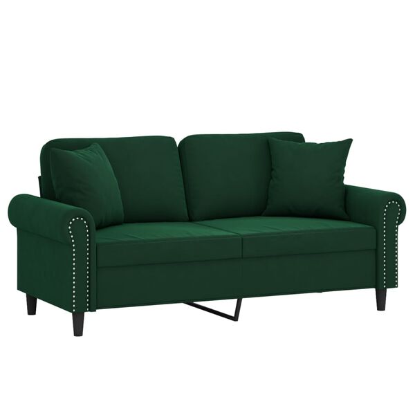 vidaXL Dvivietė sofa su pagalvėmis, tamsiai žalia, 140cm, aksomas