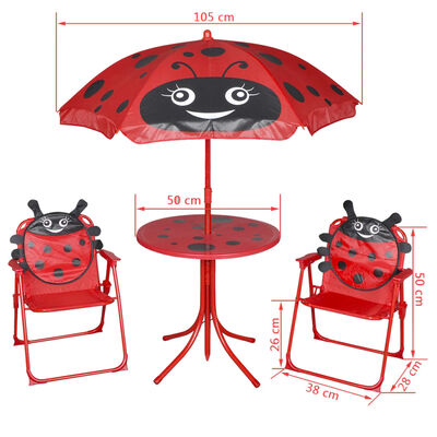 vidaXL Vaik. bistro baldų kompl. su skėčiu nuo saulės, 3d., raudonas