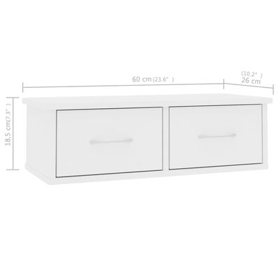 vidaXL Sieninė lentyna su stalčiais, balta, 60x26x18,5cm, MDP