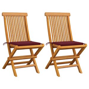 vidaXL Sulankstomos kėdės su vyno raudonumo pagalvėlėmis, 2 vnt., masyvi tikmedžio mediena