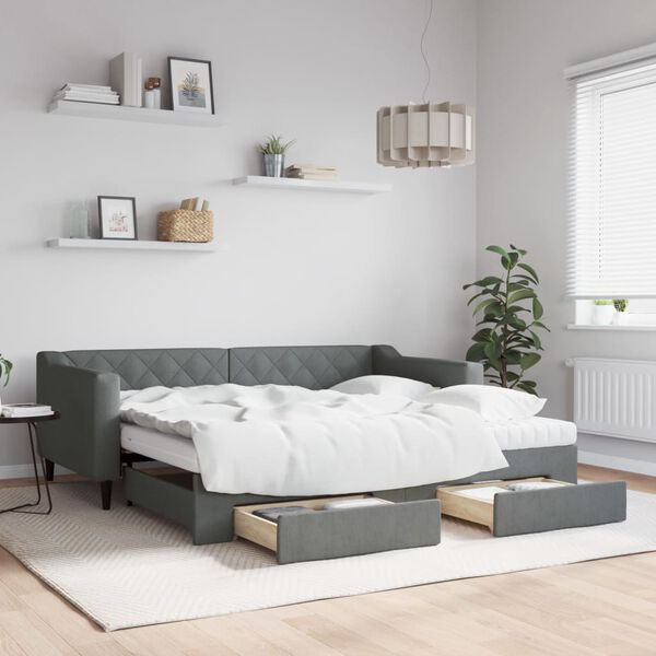 vidaXL Lova su ištraukiama dalimi/stalčiais, pilka, 90x190cm, audinys