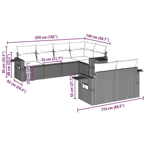 vidaXL Sofos komplektas su pagalvėlėmis, 7 dalių, pilkas, poliratanas
