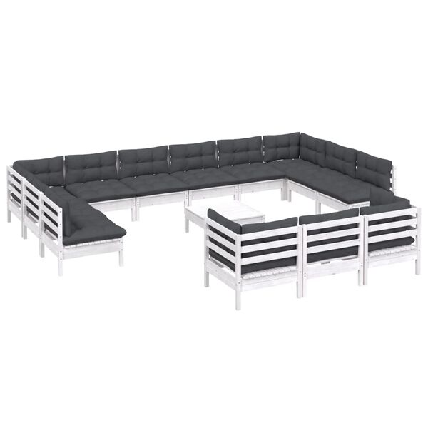 vidaXL Sodo komplektas su pagalvėmis, 14 dalių, baltas, pu&scaron;ies mediena