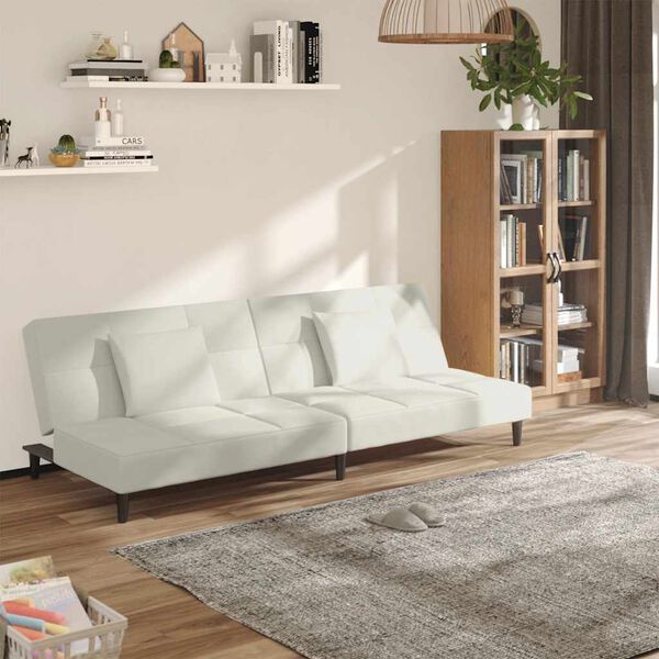 vidaXL Dvivietė sofa-lova su dvejomis pagalvėmis, kreminė, aksomas