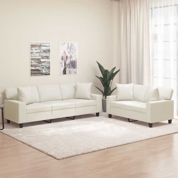 vidaXL Sofos komplektas su pagalvėmis, 2 dalių, kreminis, dirbtinė oda