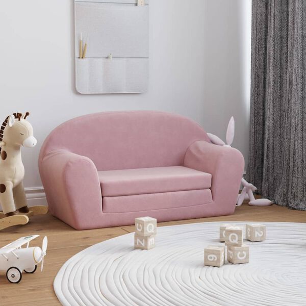vidaXL Dvivietė vaiki&scaron;ka sofa-lova, rožinės spalvos, mink&scaron;tas pliu&scaron;as