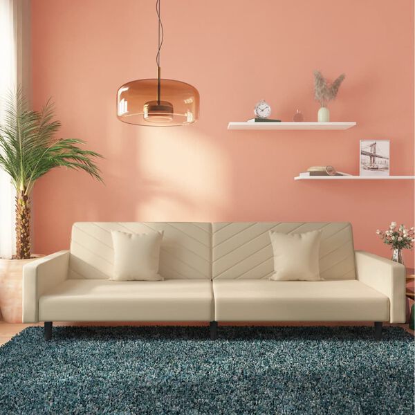 vidaXL Dvivietė sofa-lova su dvejomis pagalvėmis, kreminė, aksomas