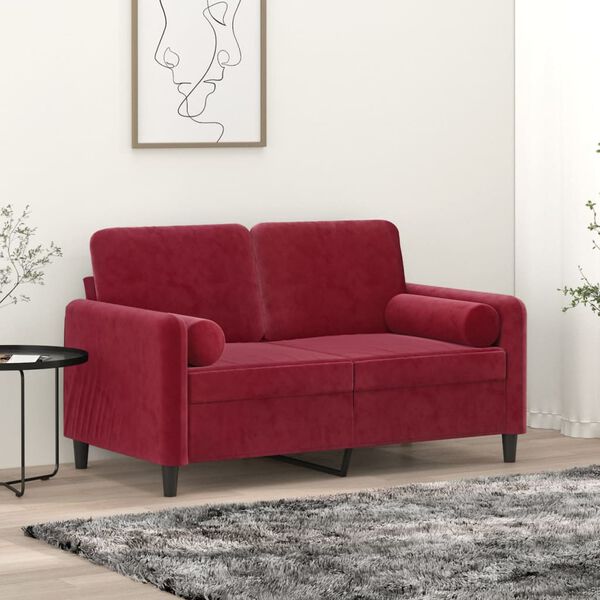 vidaXL Dvivietė sofa su pagalvėmis, raudonojo vyno, 120cm, aksomas