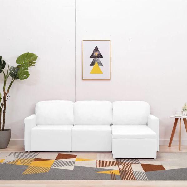 vidaXL Trivietė sofa-lova, baltos spalvos, netikra oda, modulinė