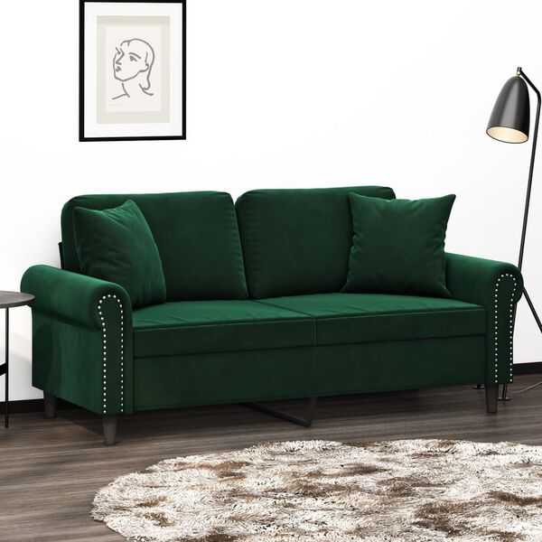 vidaXL Dvivietė sofa su pagalvėmis, tamsiai žalia, 140cm, aksomas