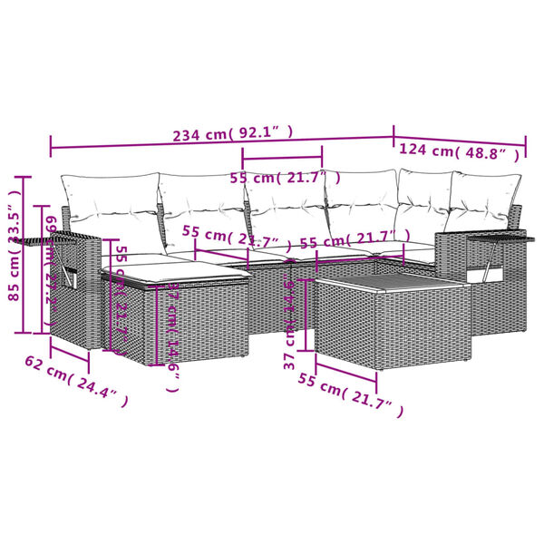 vidaXL Sofos komplektas su pagalvėlėmis, 7 dalių, pilkas, poliratanas