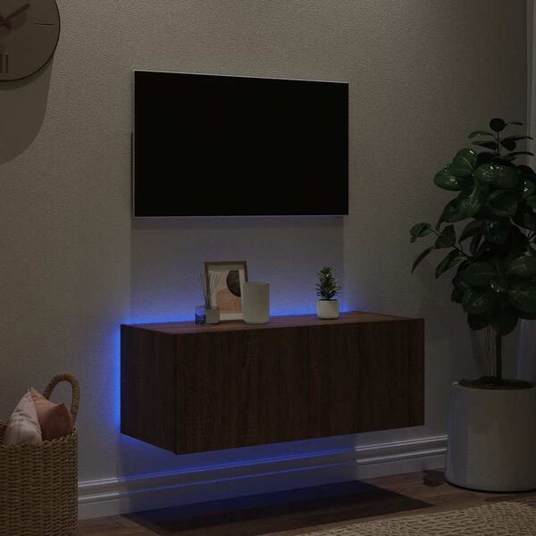 vidaXL Sieninė TV spintelė su LED lemputėmis, ruda ąžuolo, 80x35x31cm