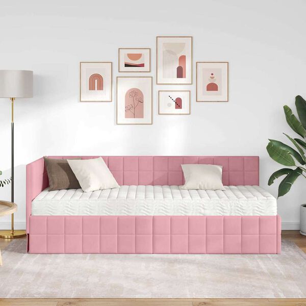 vidaXL Kampinė lovos konstrukcija su čiužiniu 2 pcs Pilka Aksomas