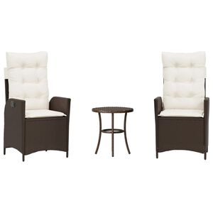 vidaXL Bistro komplektas su pagalvėlėmis, 3 dalių, rudas, poliratanas