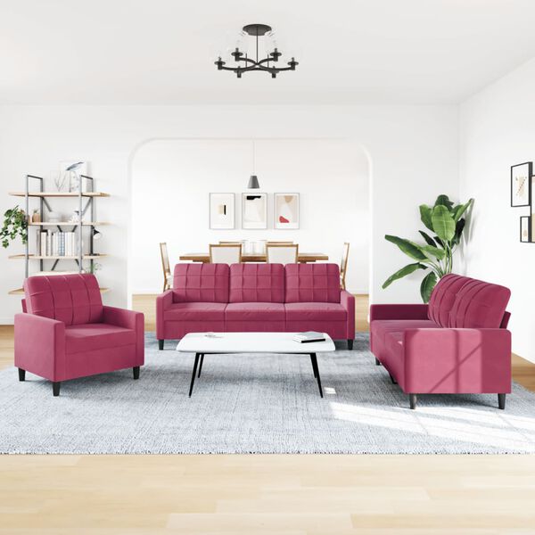 vidaXL Sofos komplektas su pagalvėlėmis, 3 dalių, vyno, aksomas