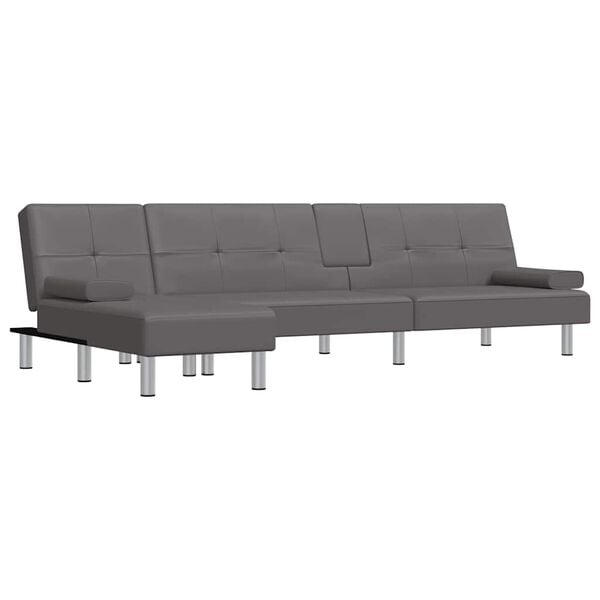 vidaXL L formos sofa-lova, pilkos spalvos, 255x140x70cm, dirbtinė oda