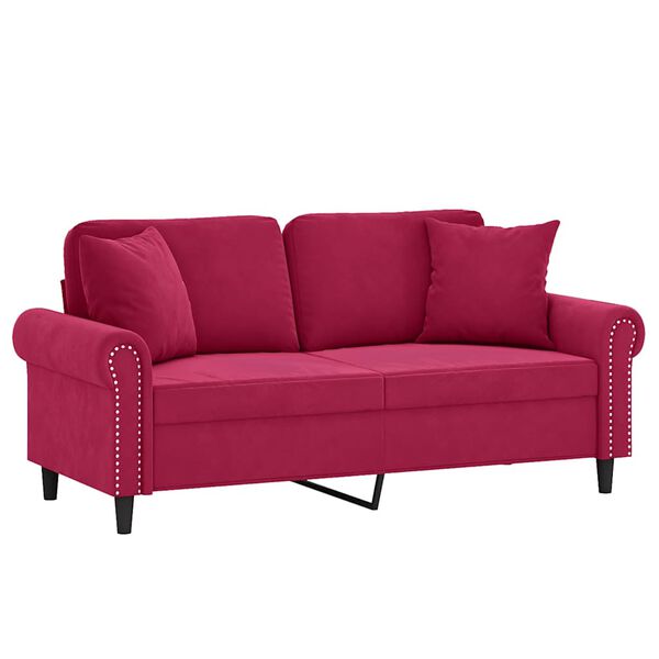 vidaXL Dvivietė sofa su pagalvėlėmis, raudonojo vyno, 140cm, aksomas