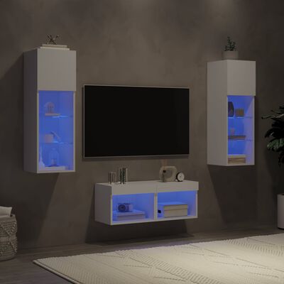 vidaXL Sieninės TV spintelės su LED lemputėmis, 4 dalių, baltos