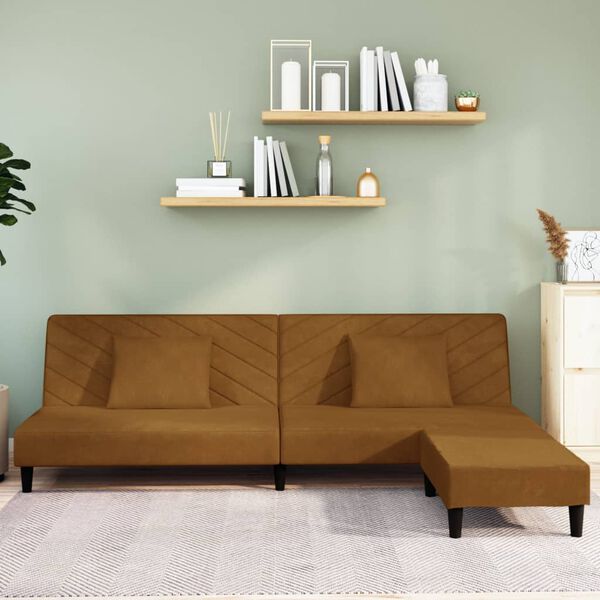 vidaXL Dvivietė sofa-lova su dvejom pagalvėm/pakoja, ruda, aksomas