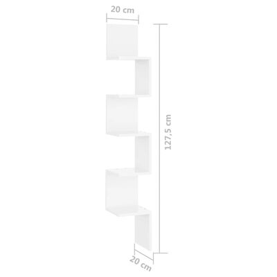 vidaXL Sieninė kampinė lentyna, balta, 20x20x127,5cm, MDP, ypač blizgi