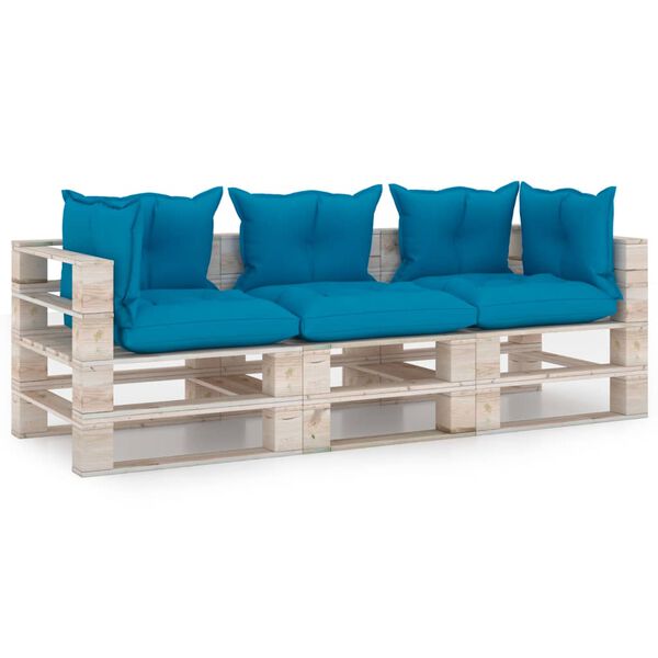 vidaXL Trivietė sodo sofa i&scaron; palečių su pagalvėlėmis, pu&scaron;ies mediena