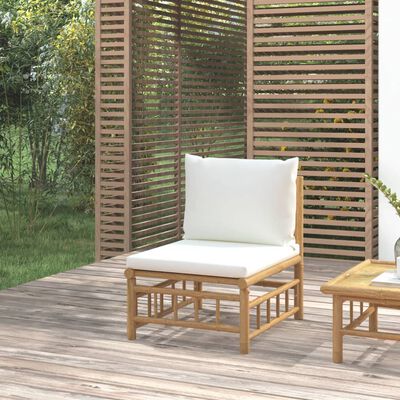 vidaXL Vidurinė sodo sofos dalis su kreminėmis pagalvėlėmis, bambukas