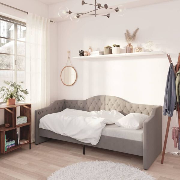 vidaXL Lova su čiužiniu ir USB i&scaron;vestimi, pilka, 90x200cm, audinys