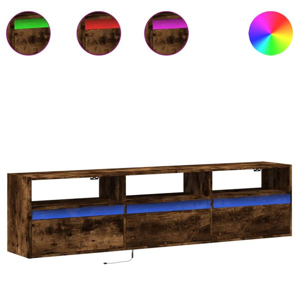 vidaXL Sieninė TV spintelė su LED lemputėmis, dūminė, 180x31x45cm