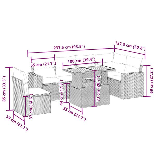 vidaXL Sofos komplektas su pagalvėlėmis, 7 dalių, smėlio, poliratanas