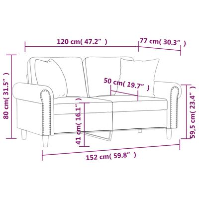 vidaXL Dvivietė sofa su pagalvėlėmis, kreminės spalvos, 120cm, aksomas