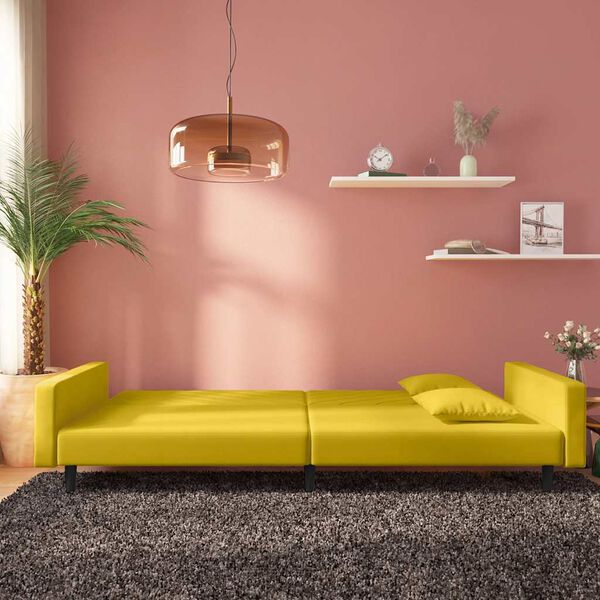 vidaXL Dvivietė sofa-lova su dvejomis pagalvėmis, geltona, aksomas