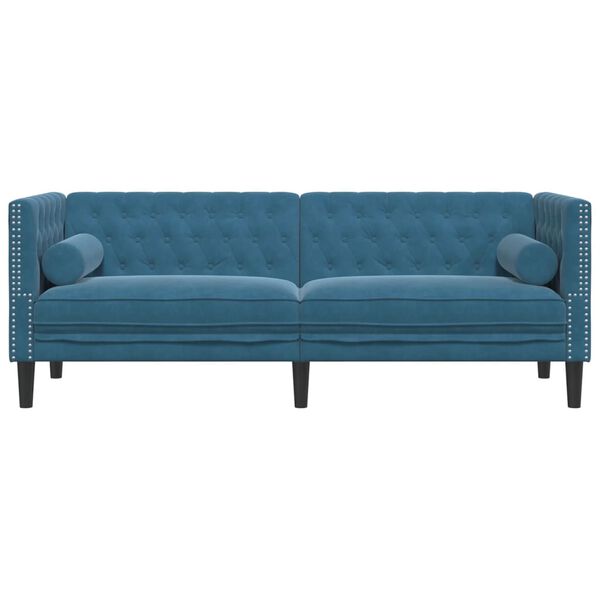 vidaXL Dvivietė chesterfield sofa su pagalvėlėmis, mėlyna, aksomas