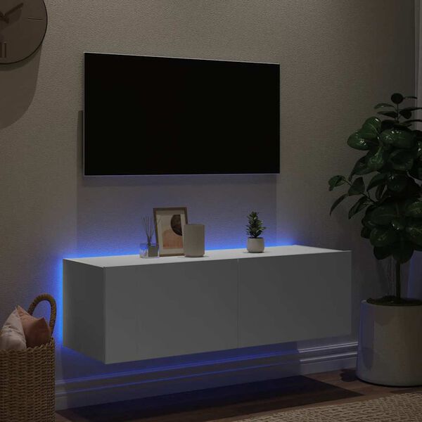 vidaXL Sieninė TV spintelė su LED lemputėmis, balta, 100x35x31cm
