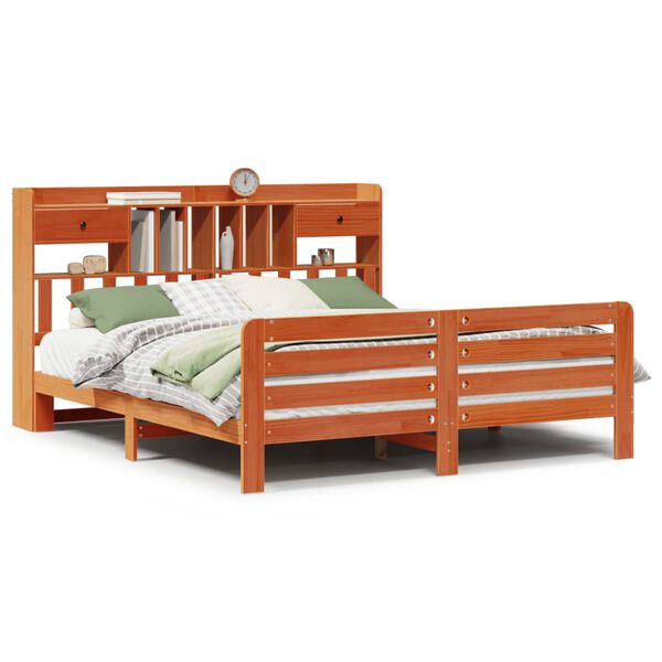 vidaXL Lova su knygų spinta be čiužinio, ruda, 200x200cm, pu&scaron;is