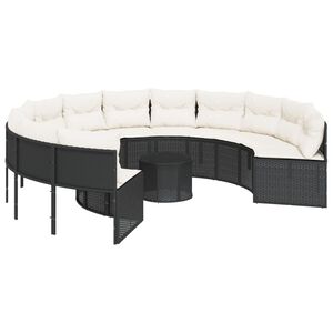 vidaXL Sodo sofa su stalu/pagalvėlėmis, juoda, poliratanas, apvali