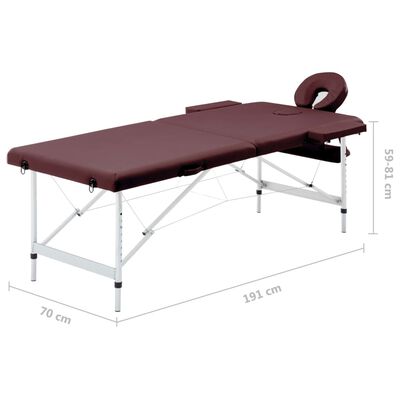 vidaXL Sulankstomas masažo stalas, vyno violetinis, aliuminis, 2 zonų