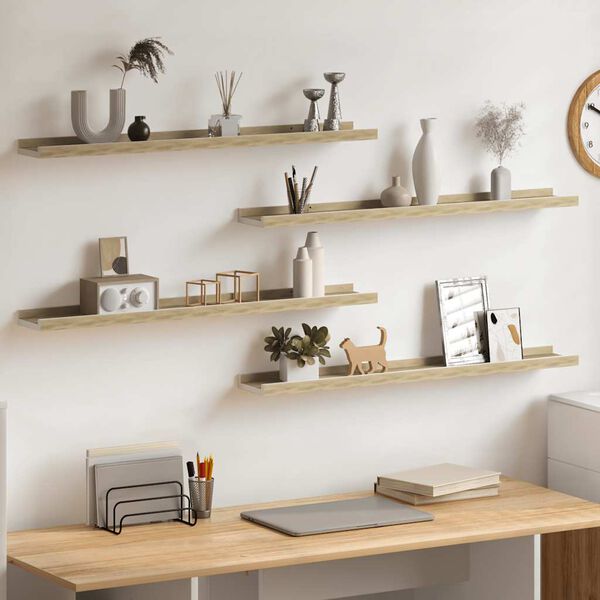 vidaXL Sieninės lentynos, 4vnt., baltos ir ąžuolo spalvos, 80x9x3cm