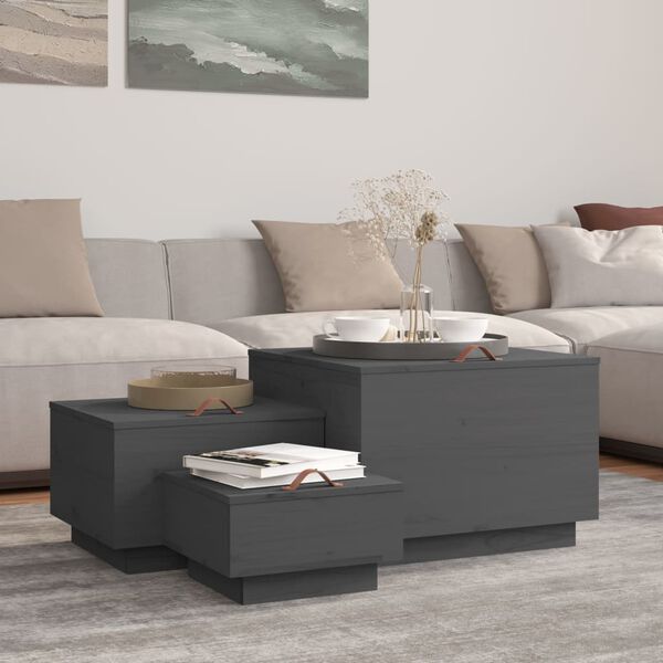 vidaXL Daiktadėžės su dangčiais, 3vnt., pilkos, pušies masyvas