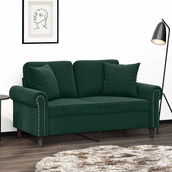 vidaXL Dvivietė sofa su pagalvėlėmis, tamsiai žalia, 120cm, aksomas