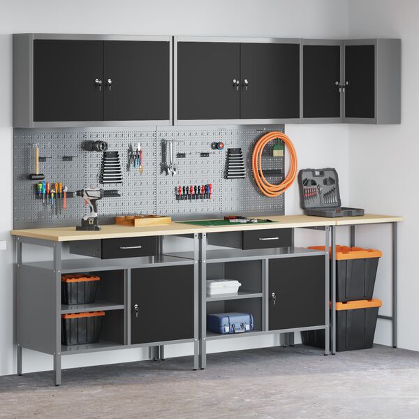 vidaXL Darbo spintos rinkinys su stalčių 10 pcs Juoda ir pilka