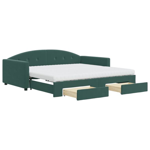 vidaXL Lova su i&scaron;traukiama dalimi/stalčiais, žalia, 100x200cm, aksomas