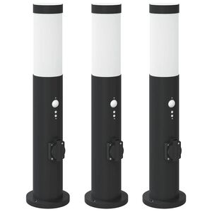 vidaXL Ap&scaron;vietimo stulpeliai su jutikliu ir lizdu, 3 vnt., 50 cm, nerūdijantis plienas, IP44