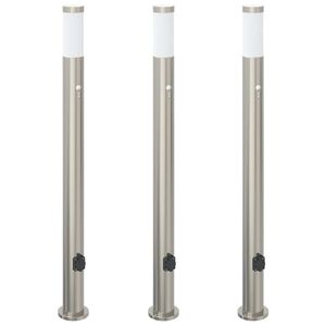 vidaXL Ap&scaron;vietimo stulpeliai su jutikliu ir lizdu, 3 vnt., 110 cm, nerūdijantis plienas, IP44