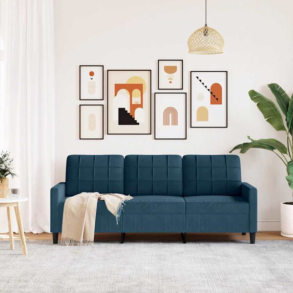 vidaXL Trivietė sofa, mėlynos spalvos, 180cm, aksomas