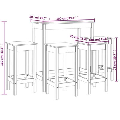 vidaXL Baro baldų komplektas, 5 dalių, pušies medienos masyvas