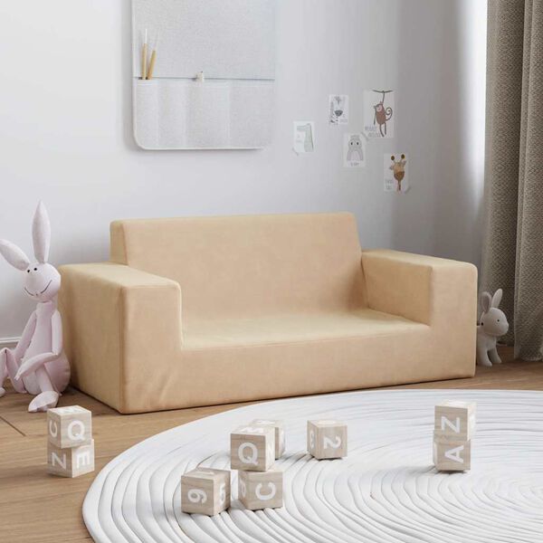 vidaXL Dvivietė vaikiška sofa, kreminės spalvos, minkštas pliušas