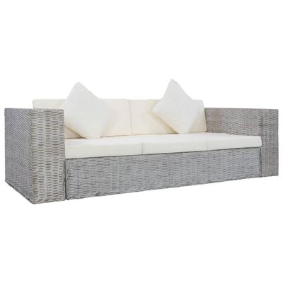 vidaXL Trivietė sofa su pagalvėlėmis, pilkos spalvos, natūr. ratanas