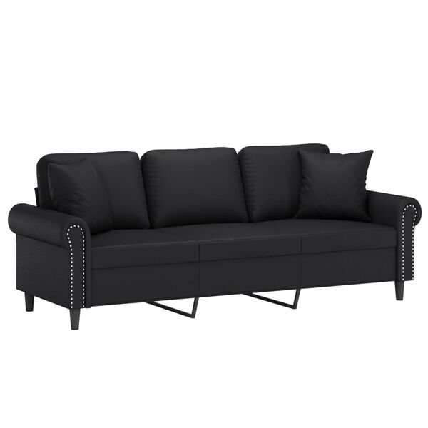 vidaXL Trivietė sofa su pagalvėmis, juoda, 180cm, dirbtinė oda